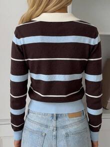 SHEIN Kids Teen Girls Sweaters Striped Long Sleeve Polo Collar Autumn/Winter Preppy Coquette Barn Colorblock Striped /Y2k - Multicolor - View 2