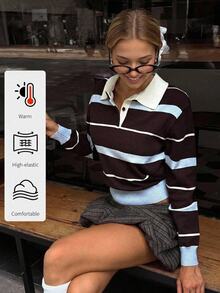 SHEIN Kids Teen Girls Sweaters Striped Long Sleeve Polo Collar Autumn/Winter Preppy Coquette Barn Colorblock Striped /Y2k - Multicolor - View 3