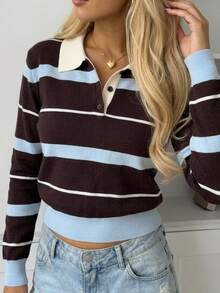 SHEIN Kids Teen Girls Sweaters Striped Long Sleeve Polo Collar Autumn/Winter Preppy Coquette Barn Colorblock Striped /Y2k - Multicolor - View 4