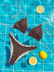 Bonvoyette Women's Fashionable Cute Beach Vacation Seaside Party Random Print Marine Animal Striped Reversible Multi-Color Adjustable Halter Triangle Top And Reversible Cute Bikini Bottoms Set - Multicolor - View 4