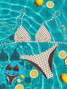 Bonvoyette Women's Fashionable Cute Beach Vacation Seaside Party Random Print Marine Animal Striped Reversible Multi-Color Adjustable Halter Triangle Top And Reversible Cute Bikini Bottoms Set - Multicolor - View 3