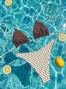 Bonvoyette Women's Fashionable Cute Beach Vacation Seaside Party Random Print Marine Animal Striped Reversible Multi-Color Adjustable Halter Triangle Top And Reversible Cute Bikini Bottoms Set - Multicolor - View 2