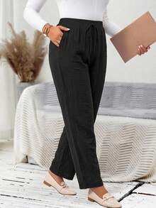 EMERY ROSE Plus Size Women's Casual Everyday Black Long Pants (With Pockets), Suitable For Spring, Summer, Autumn And Vacation Wear Fall - Black - View 5