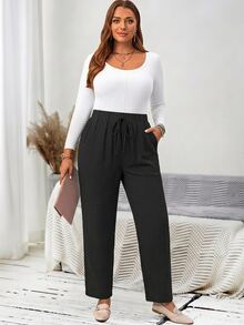 EMERY ROSE Plus Size Women's Casual Everyday Black Long Pants (With Pockets), Suitable For Spring, Summer, Autumn And Vacation Wear Fall - Black - View 4