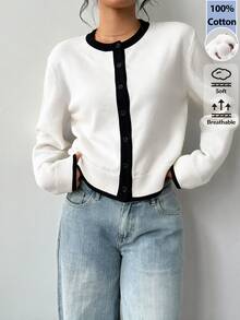 SHEIN BASICS 女款對比飾邊薄款開襟衫 - 白色 - 查看 4