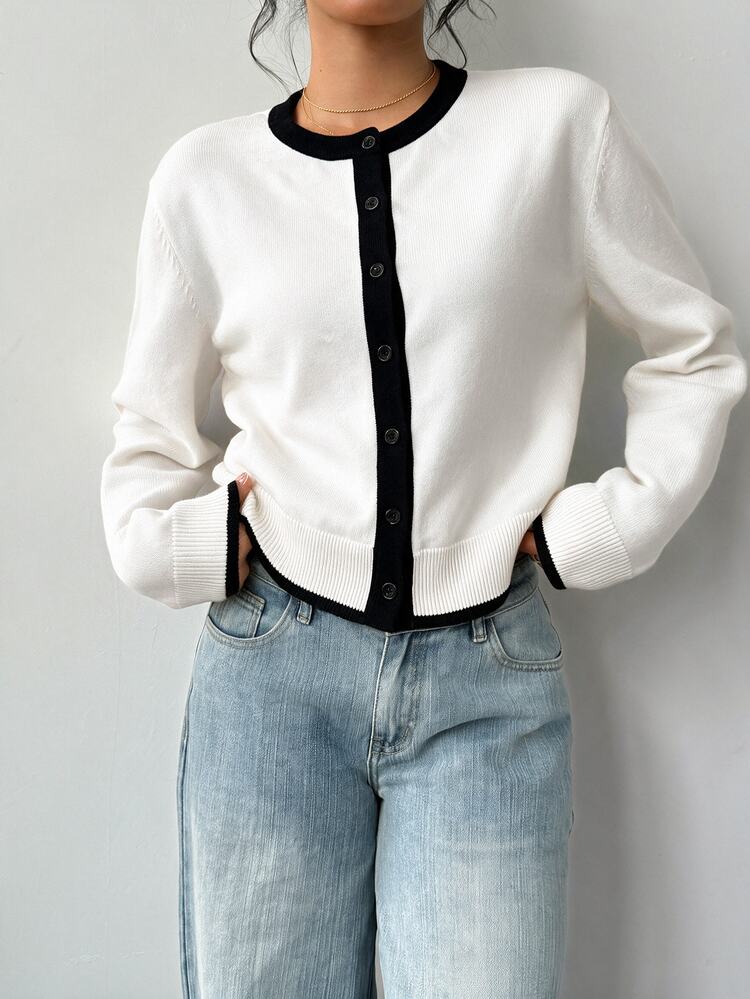 SHEIN BASICS Women's Contrast Warm Trim Thin Cardigan Office Everyday White And Black Autumn Elegant Fall/Winter Basic Back To School Going Out - White - View 9
