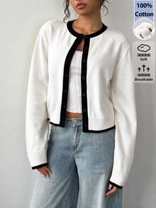 SHEIN BASICS 女款對比飾邊薄款開襟衫 - 白色 - 查看 3