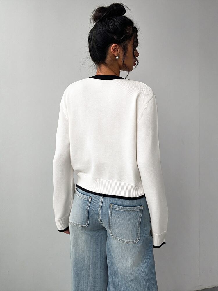 SHEIN BASICS Women's Contrast Warm Trim Thin Cardigan Office Everyday White And Black Autumn Elegant Fall/Winter Basic Back To School Going Out - White - View 7