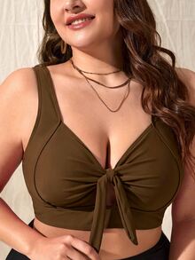 Slaydiva Plus Size Women's Summer Beach Front Knot Bikini Top - Brown - View 3