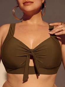 Slaydiva Plus Size Women's Summer Beach Front Knot Bikini Top - Brown - View 1