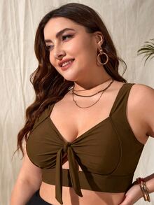 Slaydiva Plus Size Women's Summer Beach Front Knot Bikini Top - Brown - View 4