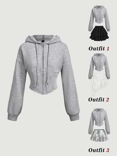 SHEIN MOD Women's Solid Color Drop Shoulder Long Sleeve Zip-Up Hooded Sweatshirt With Drawstring,Autumn Wardrobe