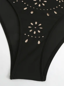Swim Oasis Solid Color Hollow-Cut Spaghetti Strap Women's One-Piece Hollow Petal Hem Skirt High-End Set - Black - View 6