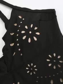 Swim Oasis Solid Color Hollow-Cut Spaghetti Strap Women's One-Piece Hollow Petal Hem Skirt High-End Set - Black - View 5