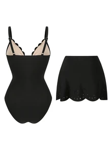 Swim Oasis Solid Color Hollow-Cut Spaghetti Strap Women's One-Piece Hollow Petal Hem Skirt High-End Set - Black - View 4