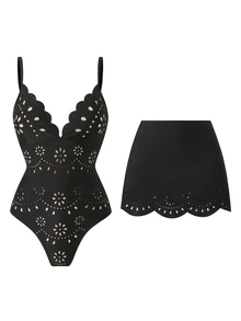 Swim Oasis Solid Color Hollow-Cut Spaghetti Strap Women's One-Piece Hollow Petal Hem Skirt High-End Set - Black - View 3