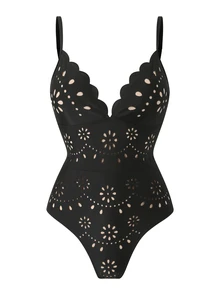 Swim Oasis Solid Color Hollow-Cut Spaghetti Strap Women's One-Piece Hollow Petal Hem Skirt High-End Set - Black - View 7