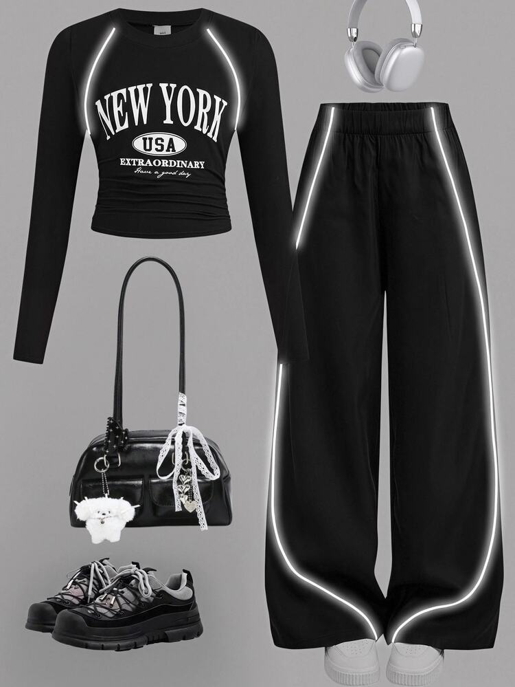 Girlism Kids Tween Girls T-Shirt Co-Ords Black American Retro Casual Sports English Slogan Contrast Reflective Stripe Long Sleeve Top And Pants Set - Black - View 9