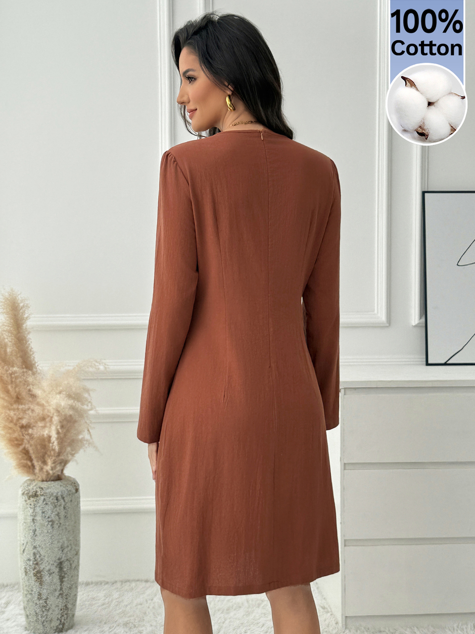 Elegant Business Modern, Tailored Basic Solid, Long Sleeve Midi Dress, 100% Cotton, Rust Red Brown, Slim Fit Crew Neck, Office Work, Fall Winter