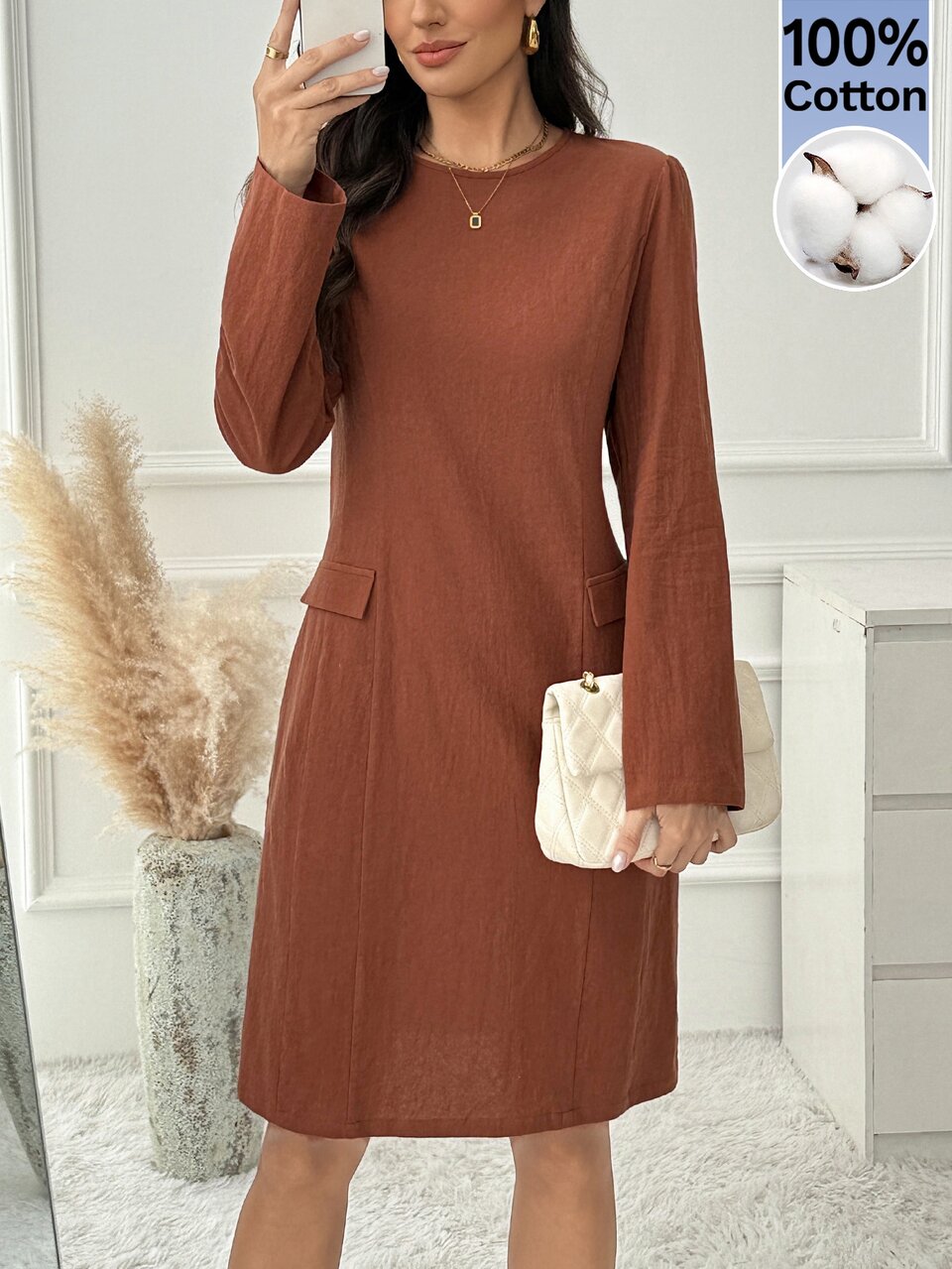 Elegant Business Modern, Tailored Basic Solid, Long Sleeve Midi Dress, 100% Cotton, Rust Red Brown, Slim Fit Crew Neck, Office Work, Fall Winter