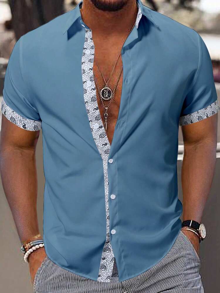 Manfinity Homme Men's Vacation Print Single-Breasted Short Sleeve Shirt (Random Cut) - Dusty Blue - View 1