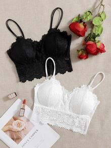 Divavoom 2 Paquetes de Conjunto de Sujetador de Encaje Floral Lencería - Blanco y Negro - Ver 1
