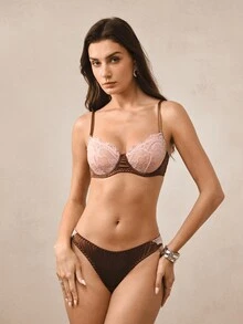 Hourtrue 2pcs Sexy Floral Lace Satin Contrast Color Lingerie Set, Mature Elegant Push-Up Bra Set With Underwire - Brown - View 3