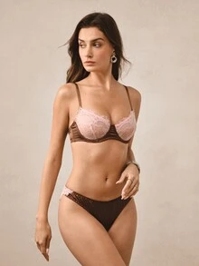 Hourtrue 2pcs Sexy Floral Lace Satin Contrast Color Lingerie Set, Mature Elegant Push-Up Bra Set With Underwire - Brown - View 4