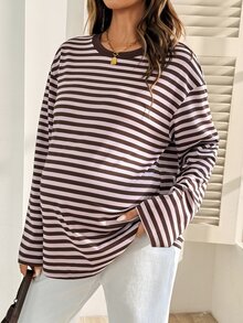 Lyckli Maternity Vacation Minimalist Striped Colorblock Round Neck Long Sleeve T-Shirt Fall - Pink - View 7