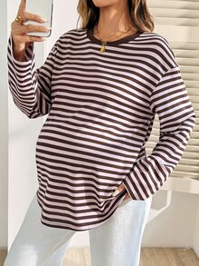 Lyckli Maternity Vacation Minimalist Striped Colorblock Round Neck Long Sleeve T-Shirt Fall - Pink - View 5