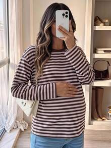 Lyckli Maternity Vacation Minimalist Striped Colorblock Round Neck Long Sleeve T-Shirt Fall - Pink - View 2