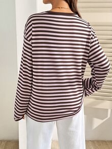 Lyckli Maternity Vacation Minimalist Striped Colorblock Round Neck Long Sleeve T-Shirt Fall - Pink - View 8