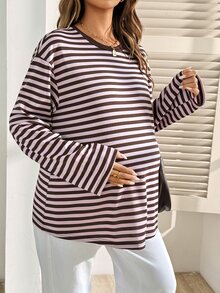 Lyckli Maternity Vacation Minimalist Striped Colorblock Round Neck Long Sleeve T-Shirt Fall - Pink - View 4