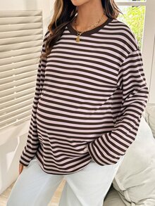 Lyckli Maternity Vacation Minimalist Striped Colorblock Round Neck Long Sleeve T-Shirt Fall - Pink - View 6
