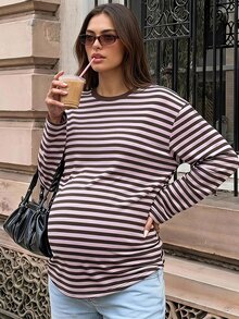 Lyckli Maternity Vacation Minimalist Striped Colorblock Round Neck Long Sleeve T-Shirt Fall - Pink - View 10
