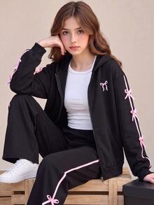 SHEIN 3件組女孩青少年套裝，白色連帽長袖拉鍊運動衫配蝴蝶結印花，休閒背心與鬆緊腰直筒長褲，秋季休閒穿搭 - 黑色 - 查看 4