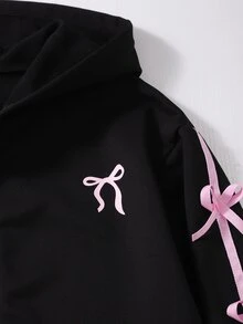 SHEIN 3件組女孩青少年套裝，白色連帽長袖拉鍊運動衫配蝴蝶結印花，休閒背心與鬆緊腰直筒長褲，秋季休閒穿搭 - 黑色 - 查看 7