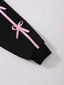 SHEIN 3件組女孩青少年套裝，白色連帽長袖拉鍊運動衫配蝴蝶結印花，休閒背心與鬆緊腰直筒長褲，秋季休閒穿搭 - 黑色 - 查看 9