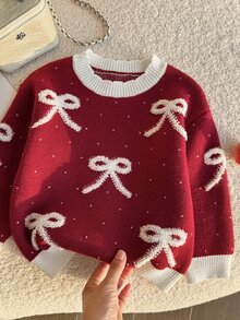 SHEIN Vintaside Kids 女童圓領針織長袖紅色拼接毛衣，3D提花蝴蝶結軟針織套頭衫，可愛甜美簡約長袖上衣，適合秋冬、外出、派對、拍照、戶外玩耍、假期 - 紅色 - 查看 5