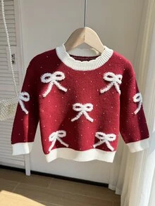 SHEIN Vintaside Kids 女童圓領針織長袖紅色拼接毛衣，3D提花蝴蝶結軟針織套頭衫，可愛甜美簡約長袖上衣，適合秋冬、外出、派對、拍照、戶外玩耍、假期 - 紅色 - 查看 3