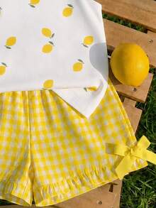 SHEIN LMoss Kids Baby Girl Casual Fashion Cute Flutter Sleeve Round Neck Top, Suitable For Spring And Summer Lemon Cute Versatile Comfy Soft School Outing T Shirt - Multicolor - View 5