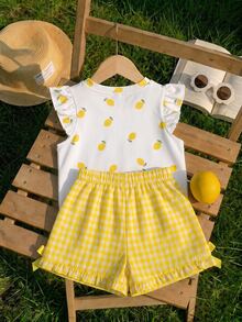 SHEIN LMoss Kids Baby Girl Casual Fashion Cute Flutter Sleeve Round Neck Top, Suitable For Spring And Summer Lemon Cute Versatile Comfy Soft School Outing T Shirt - Multicolor - View 2