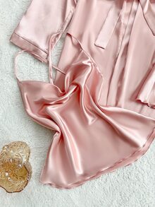 SilkySpell 深V領細肩帶上衣、短褲與睡袍套裝 緞面睡衣 Dusty Pink 秋季穿著 新娘性感睡衣 - 藕粉色 - 查看 5