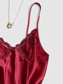 SilkySpell 4 Pieces Pajama Set: Embroidered V-Neck Faux Silk Camisole Sleep Dress And Camisole Top & Shorts And Belted Bathrobe, Fall Winter Clothes - Burgundy - View 6