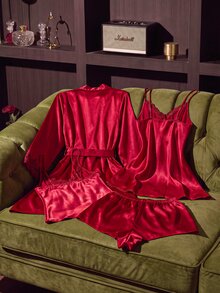 SilkySpell 4 Pieces Pajama Set: Embroidered V-Neck Faux Silk Camisole Sleep Dress And Camisole Top & Shorts And Belted Bathrobe, Fall Winter Clothes - Burgundy - View 2