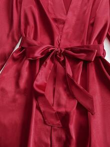 SilkySpell 4 Pieces Pajama Set: Embroidered V-Neck Faux Silk Camisole Sleep Dress And Camisole Top & Shorts And Belted Bathrobe, Fall Winter Clothes - Burgundy - View 5