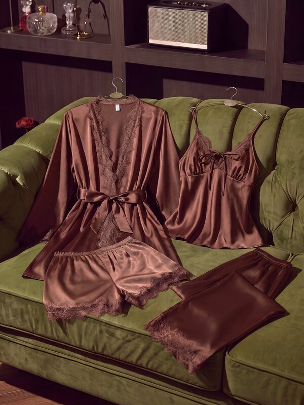 SilkySpell 4pcs Women Sexy Lace Camisole Top , Floral Trim Shorts, Pants & Silky Belted Robe Sleepwear PJS, Coffee Color, Cozy And Elegant Details