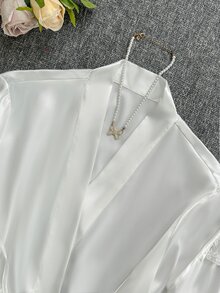 SilkySpell 4pcs Pajama Set: Embroidered V-Neck Satin Slip Dress And Camisole Top & Shorts And Bath Robe Bridal Lingerie Set, Fall Winter Clothes - White - View 5