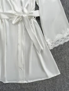 SilkySpell 4pcs Pajama Set: Embroidered V-Neck Satin Slip Dress And Camisole Top & Shorts And Bath Robe Bridal Lingerie Set, Fall Winter Clothes - White - View 4
