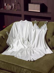 SilkySpell 4pcs Pajama Set: Embroidered V-Neck Satin Slip Dress And Camisole Top & Shorts And Bath Robe Bridal Lingerie Set, Fall Winter Clothes - White - View 2
